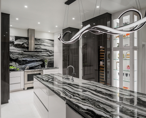 contemporary, kitchen design, black and white, custom marble, waterfall island, modern chandelier, interior design, kim gwozdz, provenance, arizona