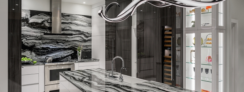 contemporary, kitchen design, black and white, custom marble, waterfall island, modern chandelier, interior design, kim gwozdz, provenance, arizona